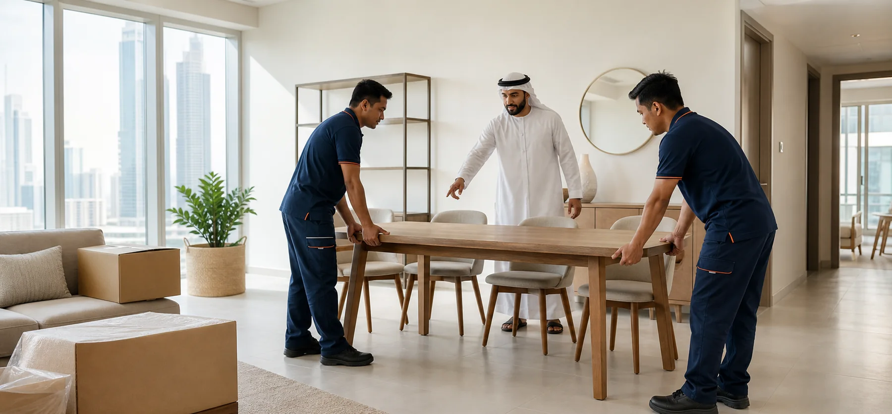 Movers placing protected furniture at the destination