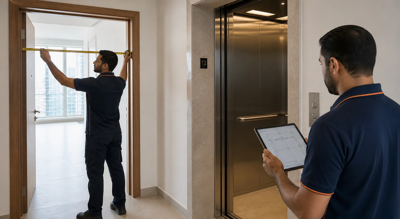 Doorways, lifts, stairs and loading routes are checked because access shapes the working plan.